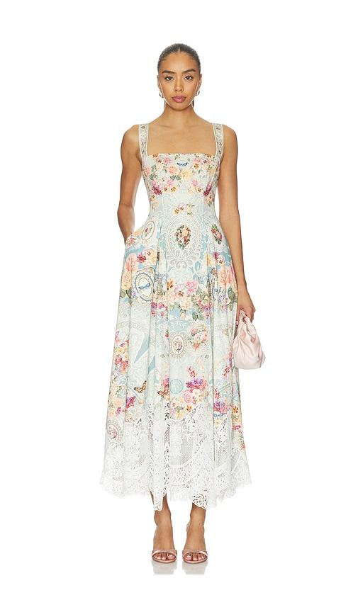 camilla long fit and flare dress in blue,peach. - size l (also in xs)