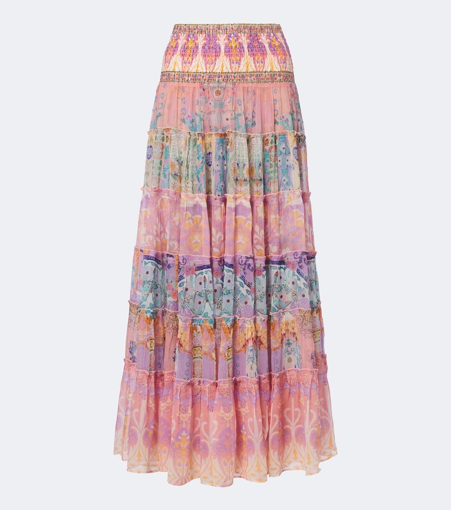 camilla printed tiered silk maxi skirt