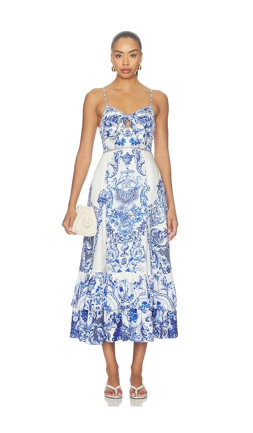 camilla ruffle hem tie front maxi dress in blue. - size l (also in xs, s, m, xl)