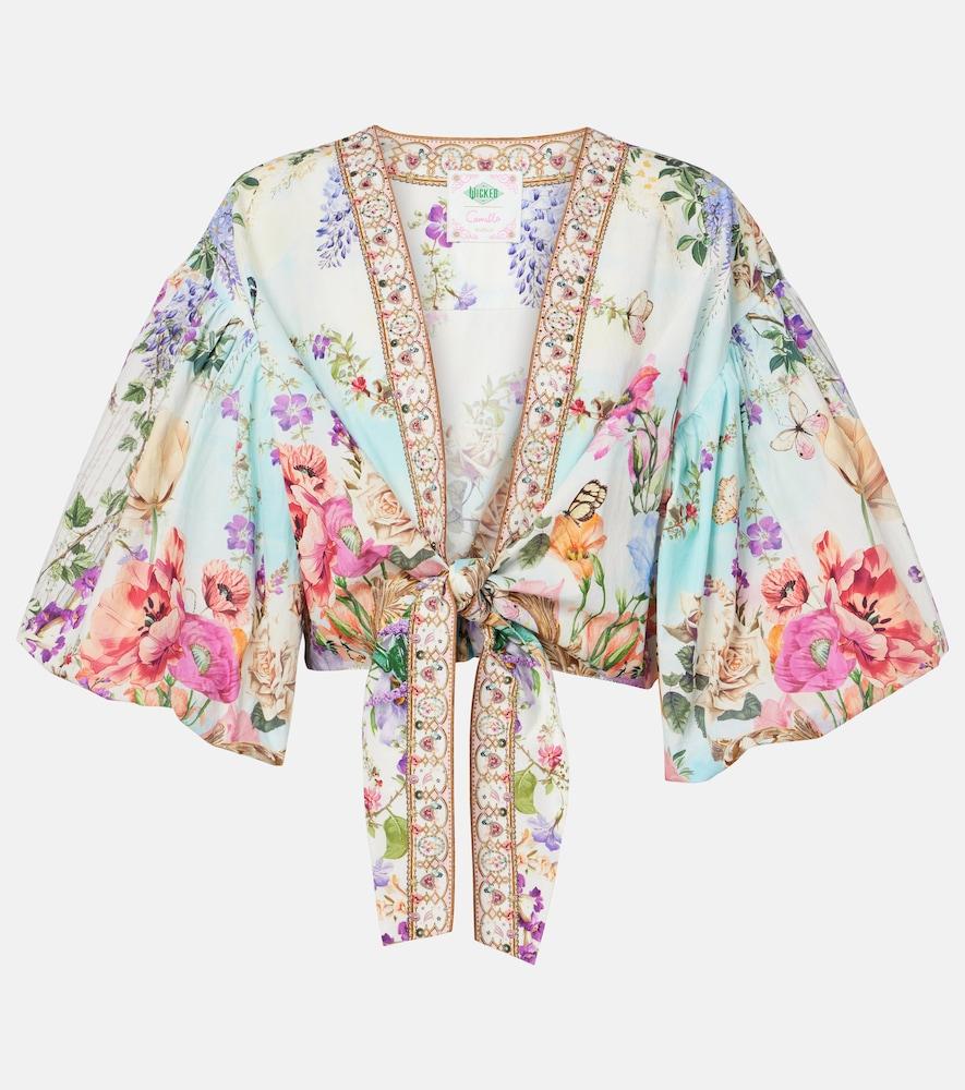 camilla tie-front puff-sleeve crop top