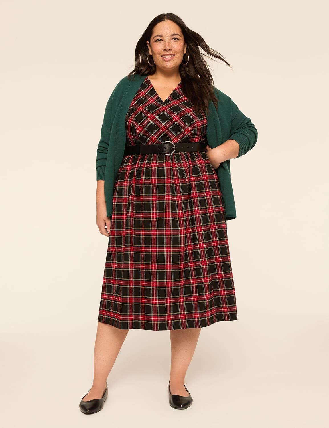 cap-sleeve plaid midi dress