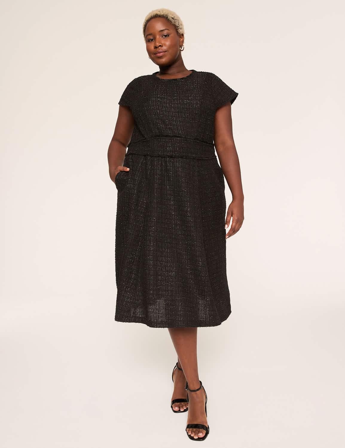 cap-sleeve trim-detail metallic tweed midi dress
