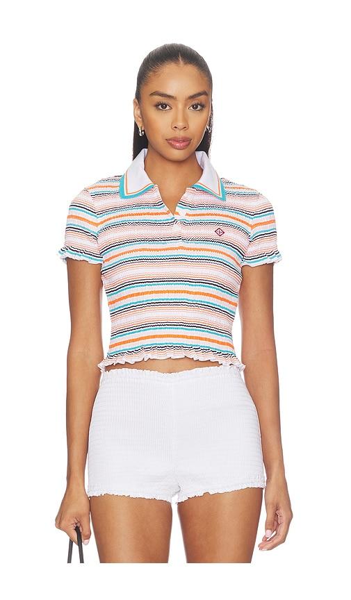 casablanca stripe shirred polo top in pink. - size m (also in xs, s)