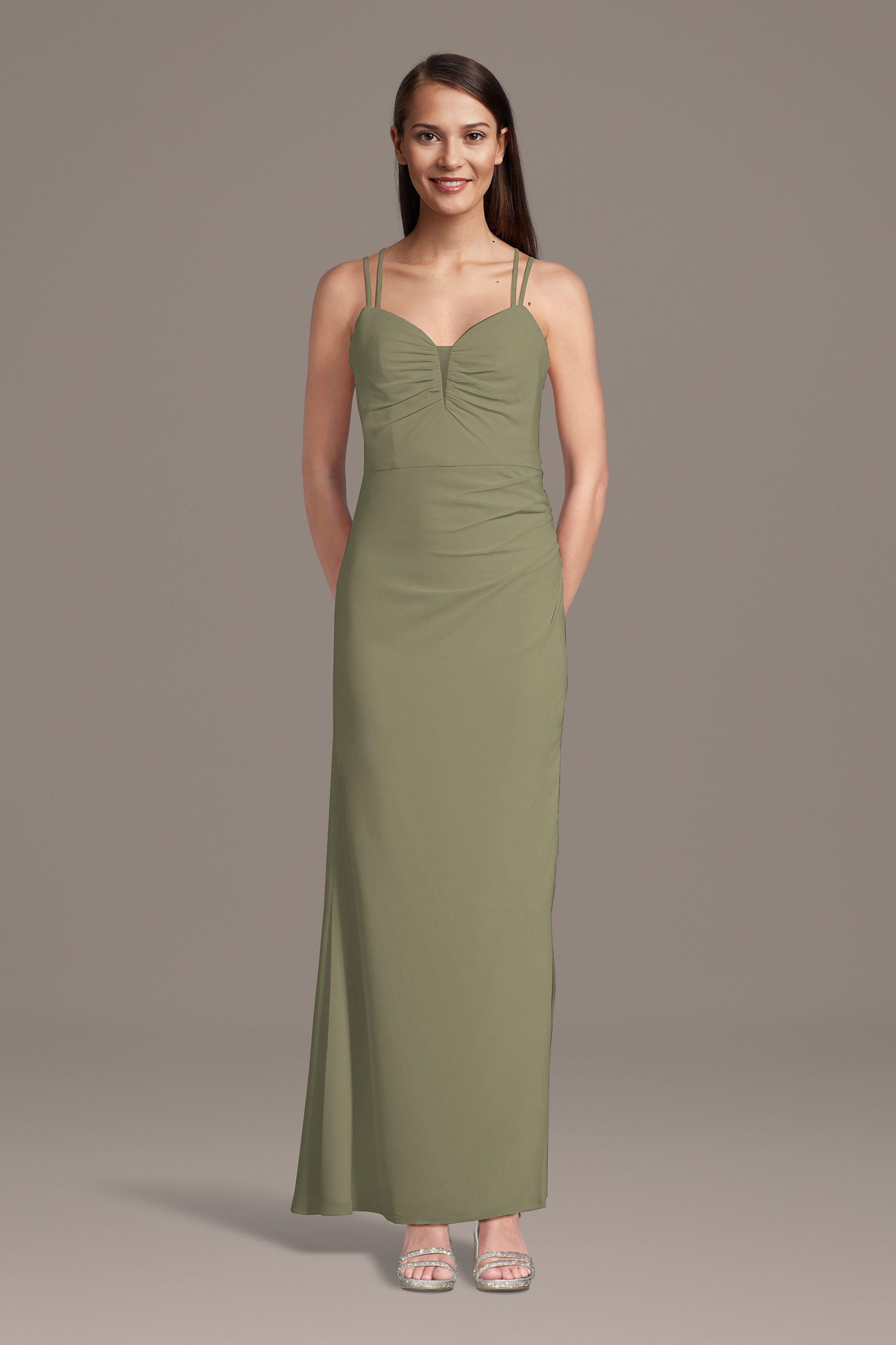 celebrate db studio chiffon spaghetti strap notch neck a-line dress in eucalyptus size: 0 david's bridal