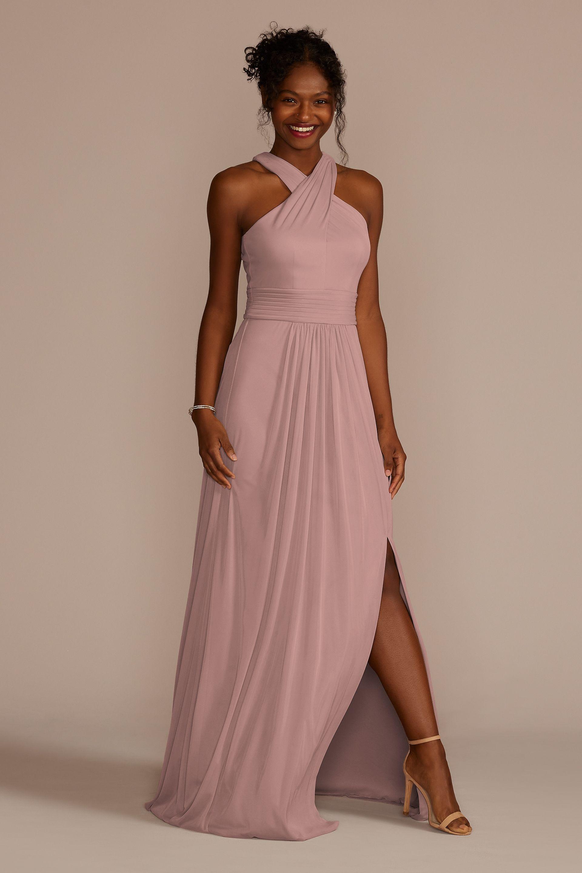 celebrate db studio mesh crisscross high-neck bridesmaid dress in quartz size: 6 david's bridal