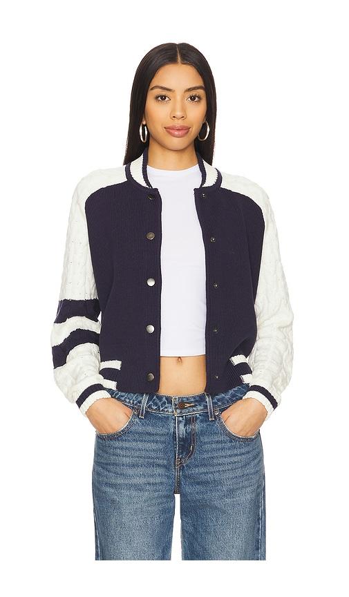 central park west cable sleeve knit bomber in navy. - size l (also in m, s, xs)