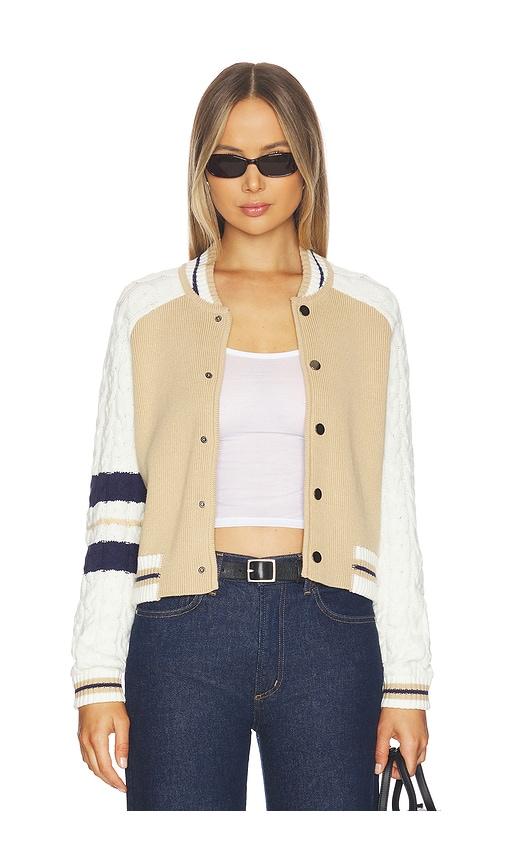 central park west chloe cable sleeve knit bomber in tan,white. - size l (also in xl)