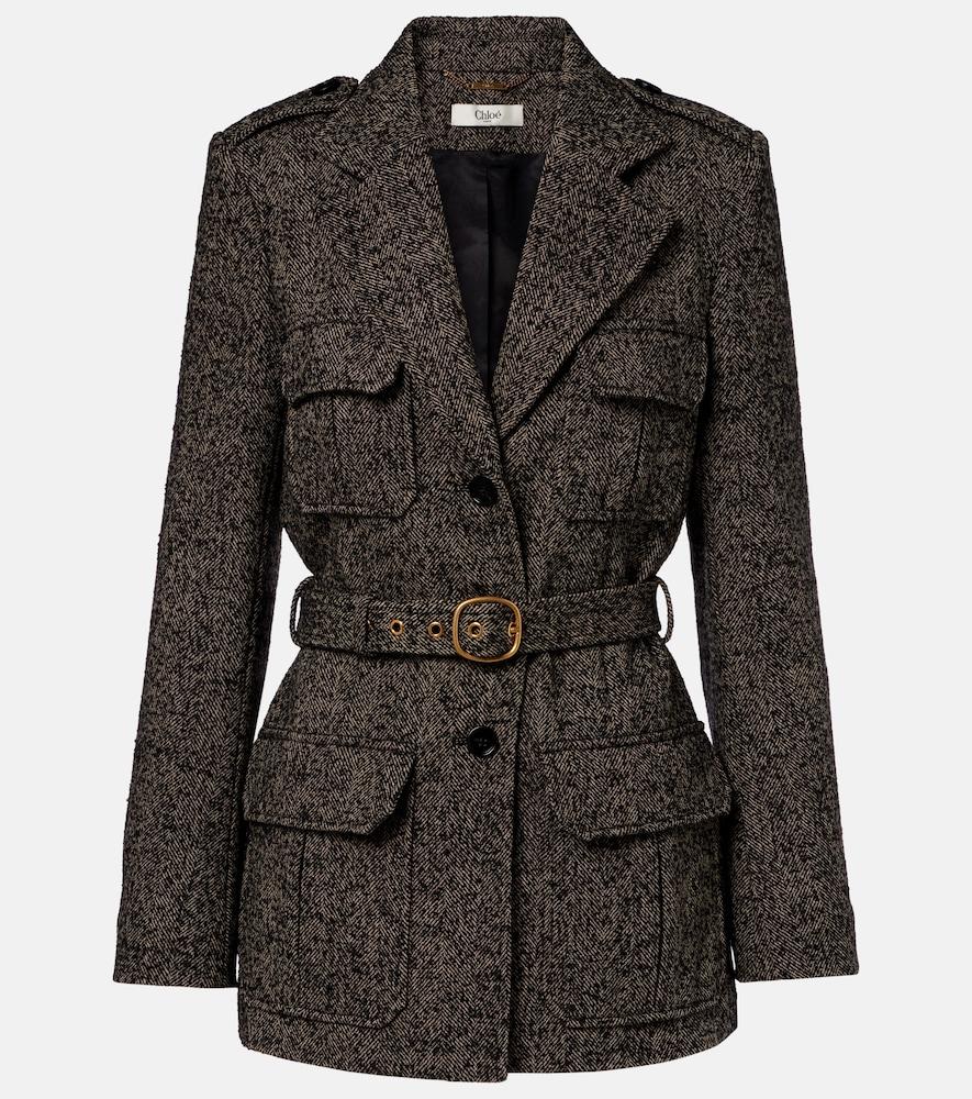 chloé belted herringbone wool-blend coat