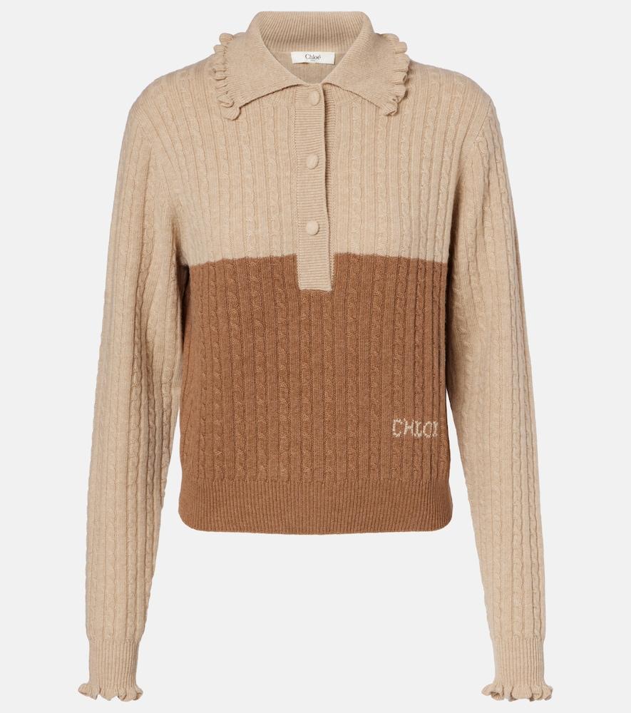 chloé cable-knit ruffled wool and cashmere polo sweater