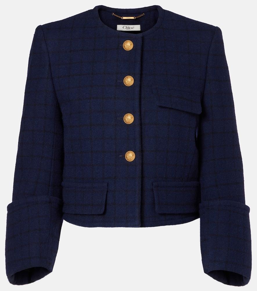 chloé checked cropped wool-blend jacket
