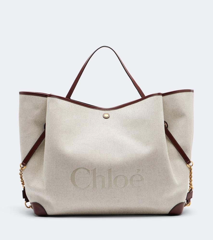 chloé chloé clover leather-trimmed canvas tote bag
