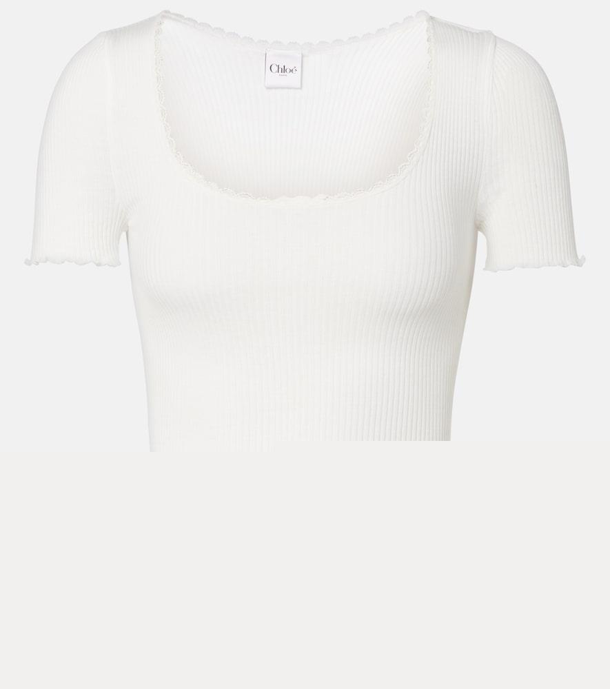 chloé lace-trimmed ribbed-knit cotton t-shirt