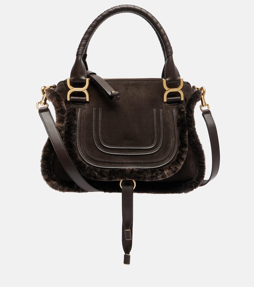 chloé marcie small shearling-trimmed suede tote bag
