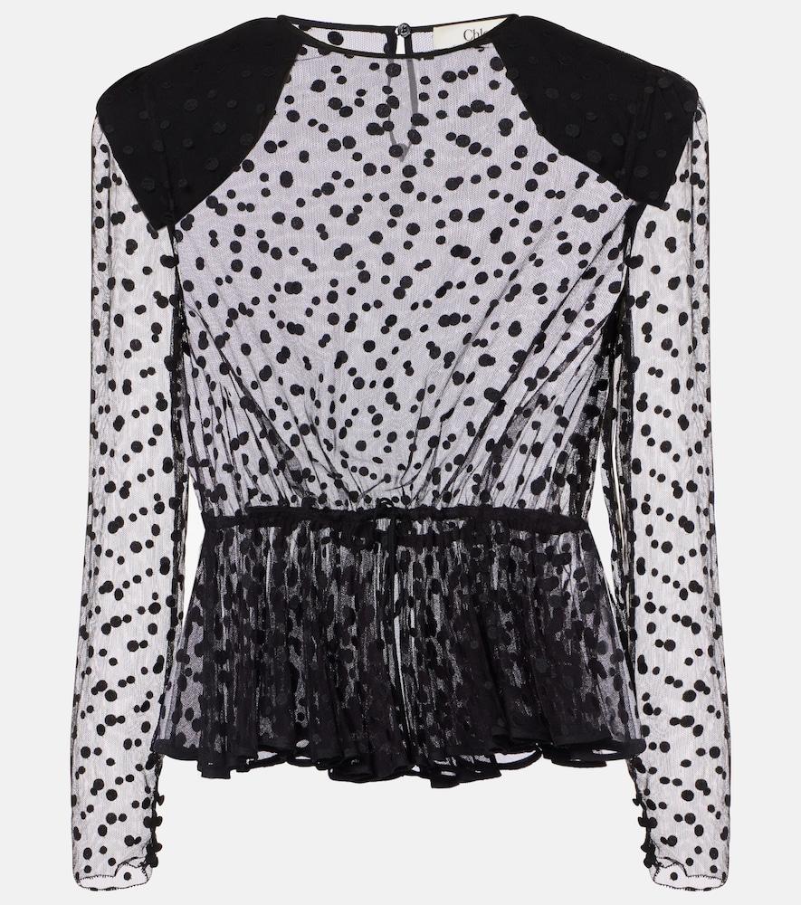 chloé polka-dot peplum cotton-blend tulle top