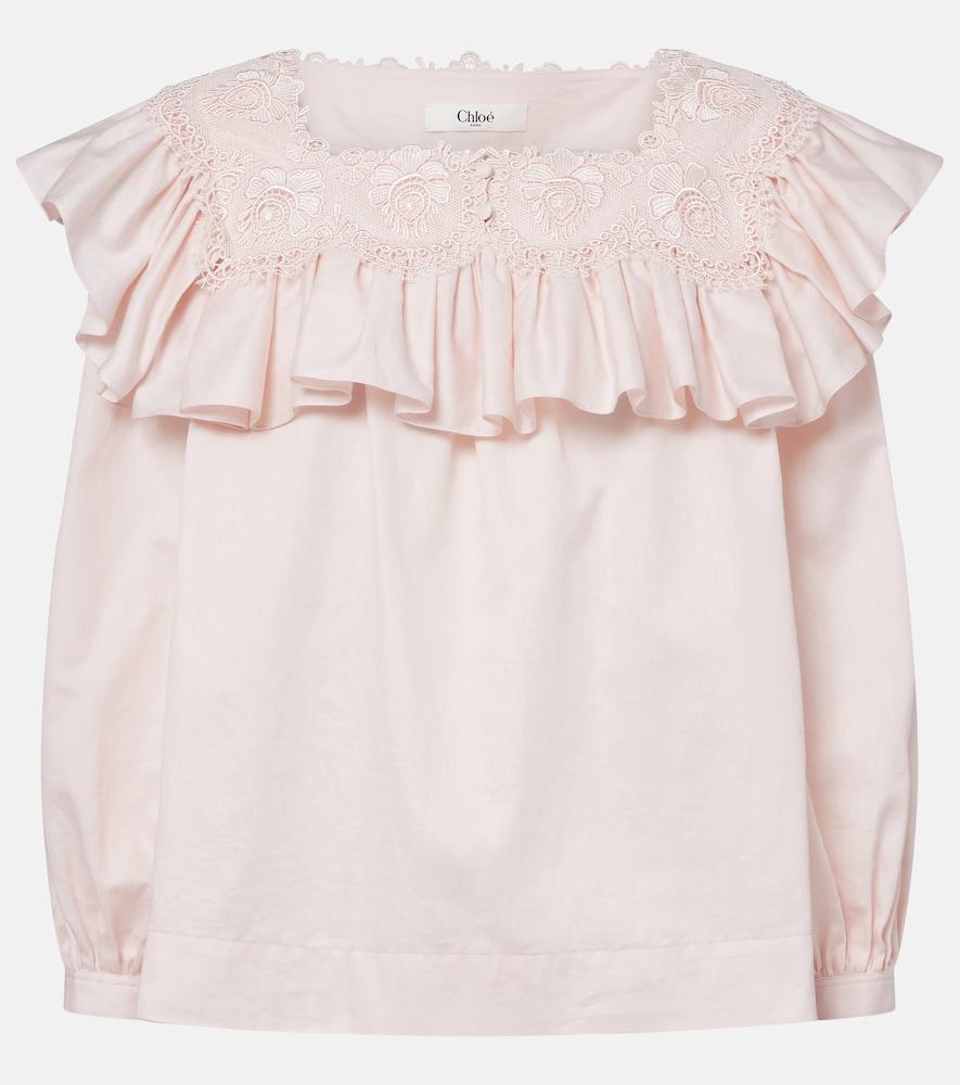 chloé ruffled lace-trimmed cotton blouse