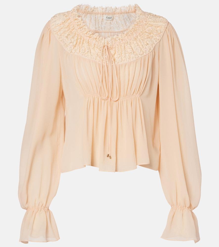 chloé shirred cropped lace-trimmed silk blouse