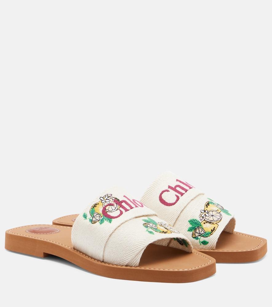 chloé woody embroidered linen slides