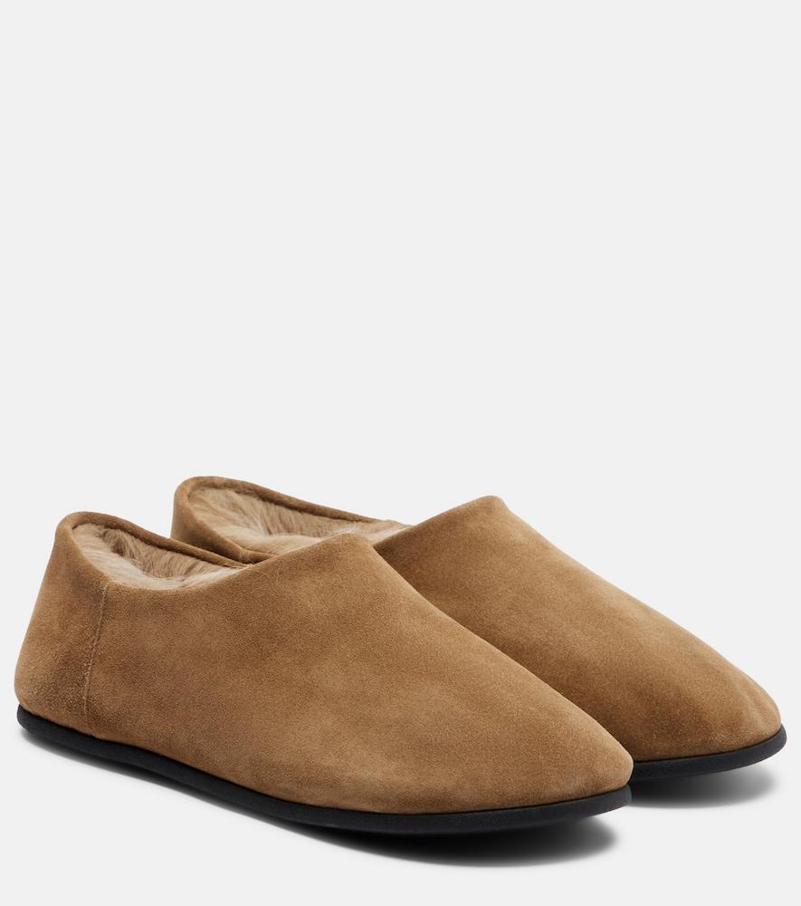 christen big bootie shearling-trimmed suede slip-on shoes