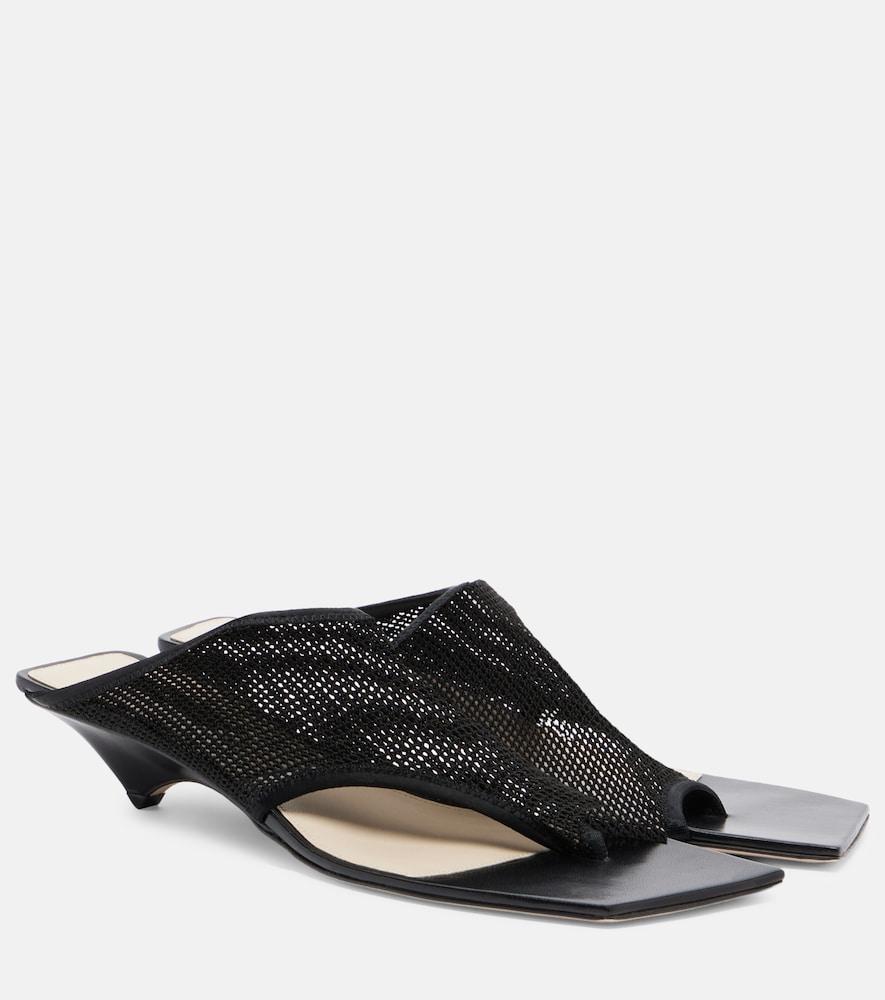 christen edge stretch leather-trimmed mesh mules