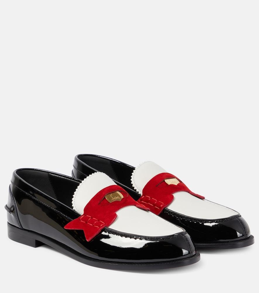 christian louboutin penny suede-trimmed patent leather penny loafers