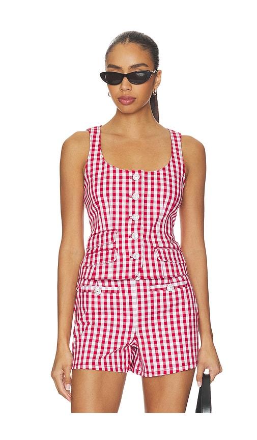 cinq a sept mini gingham denim lovina top in red. - size l (also in xxs, xs, s, m)
