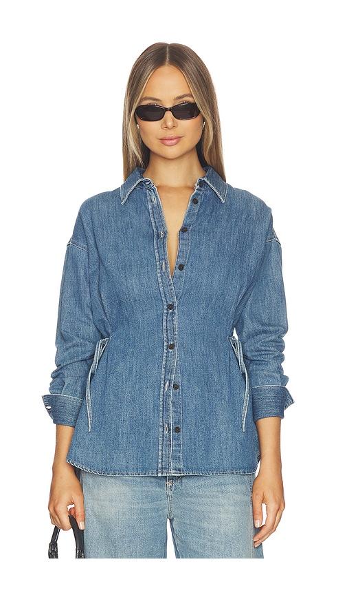closed n waisted strap blouse in blue. - size l (also in s, m)