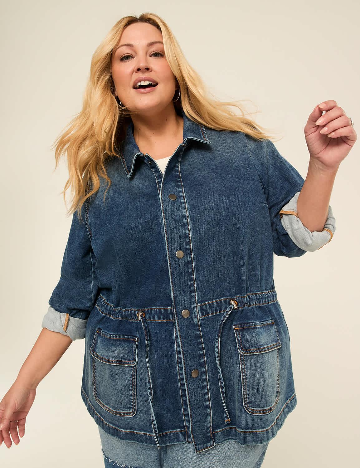 cloud knit denim cinched waist jacket