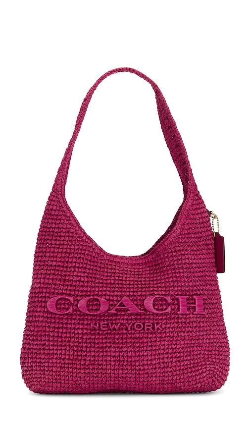 coach refined weave straw brooklyn shoulder bag 28 in fuchsia.