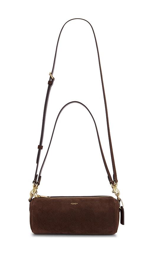 coach suede barrel bag in chocolate.