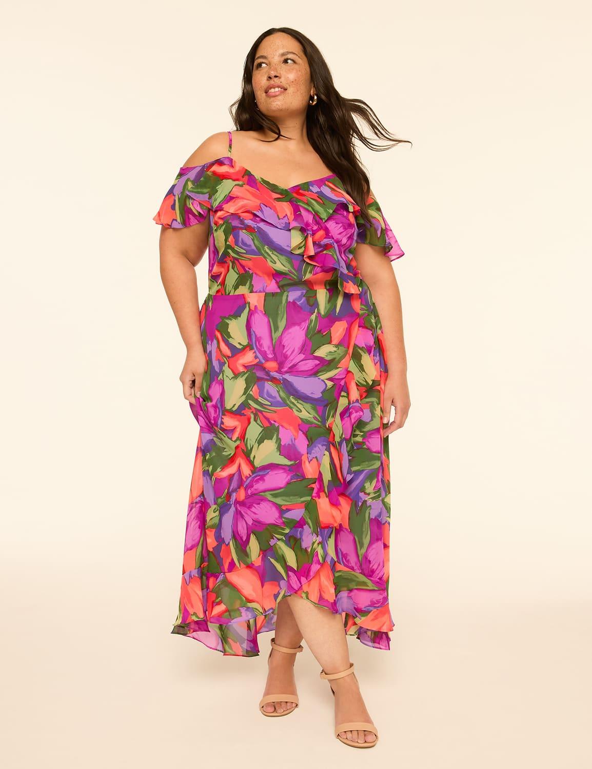 cold-shoulder ruffle faux-wrap maxi dress