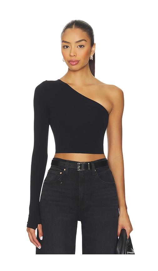 commando ballet body one shoulder crop top with thumbhole in black.