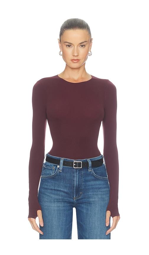 commando ballet crewneck bodysuit in burgundy.