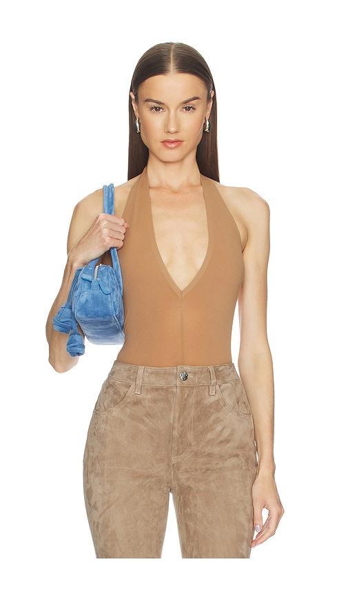 commando ballet deep plunge bodysuit in tan.