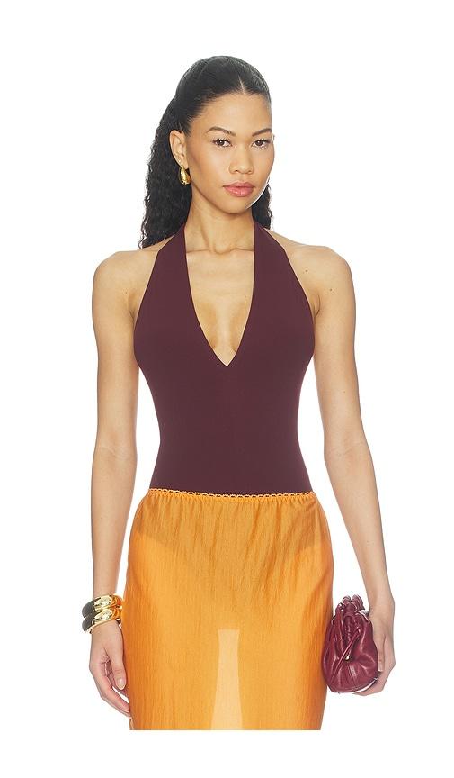 commando ballet deep plunge halter bodysuit in burgundy.