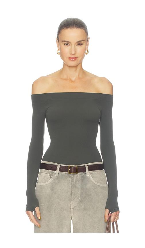 commando ballet off-shoulder bodysuit in grey.