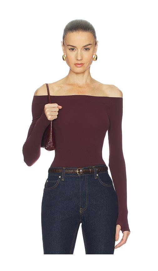 commando ballet off-shoulder bodysuit in wine.