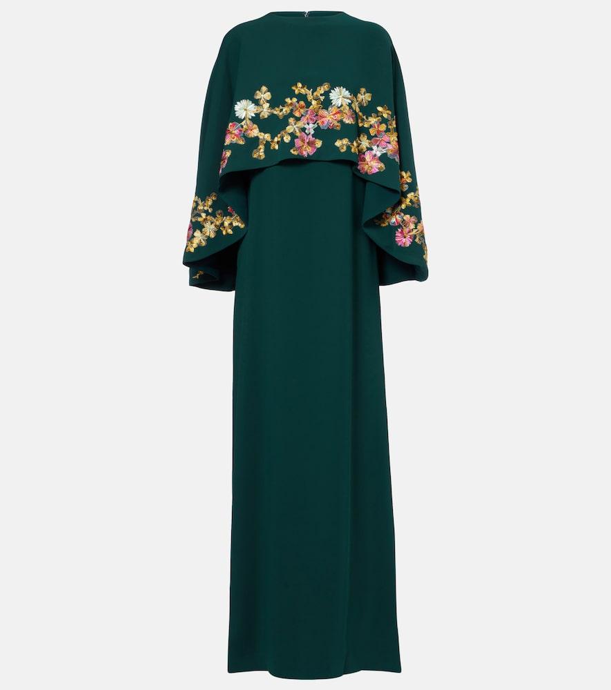 costarellos caped embellished crêpe gown