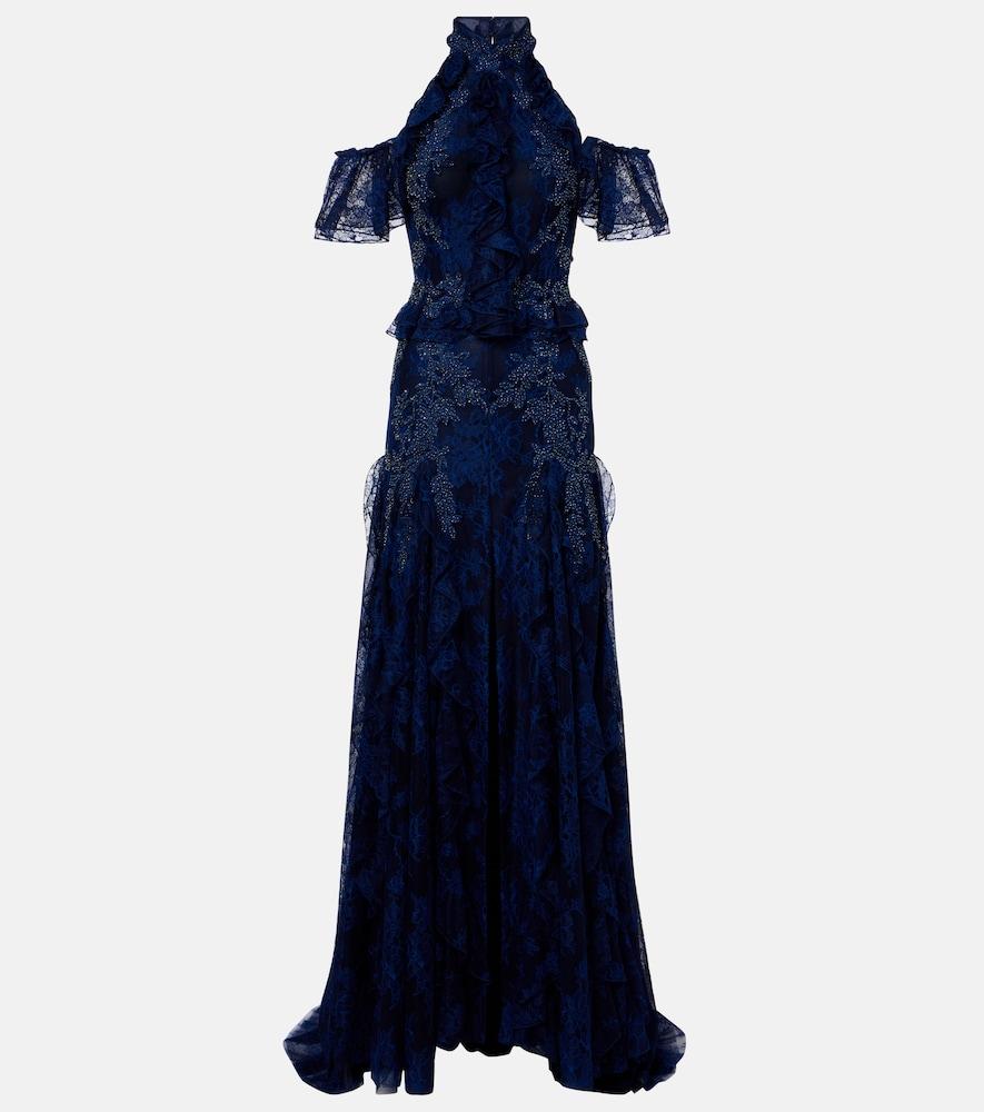 costarellos embellished halterneck lace gown