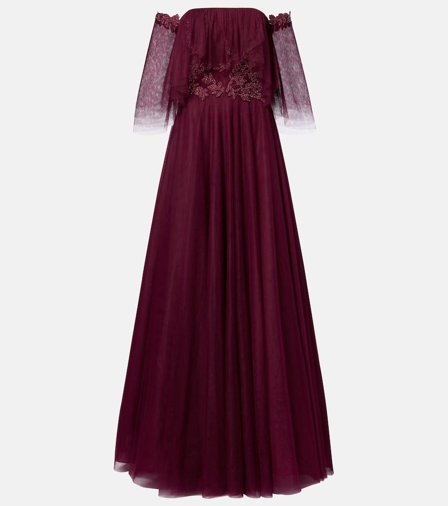 costarellos embellished off-shoulder tulle gown