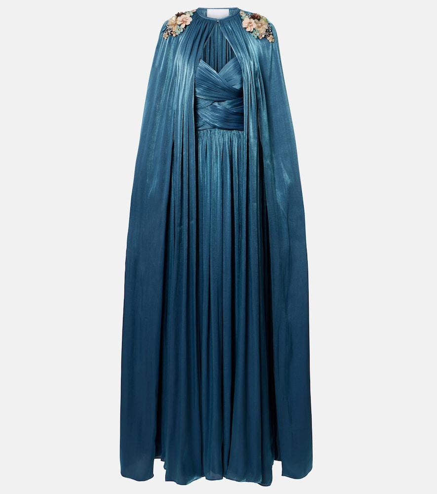 costarellos embellished pleated caped bustier gown