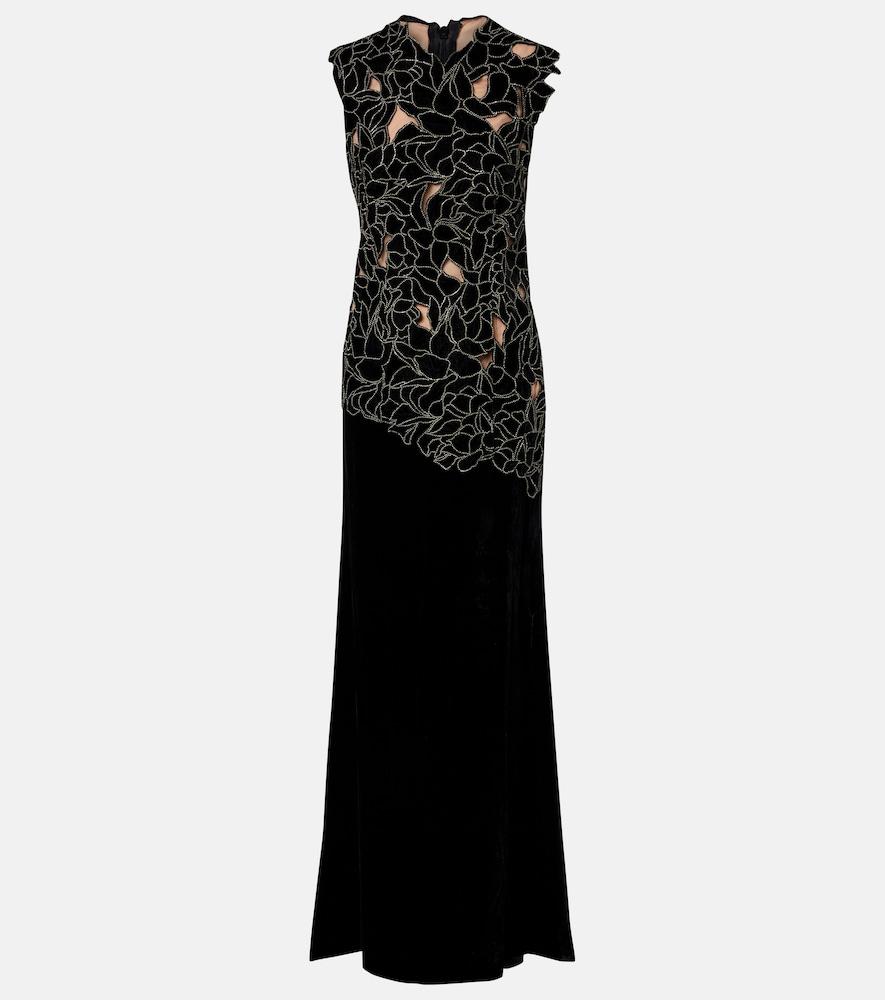 costarellos serisa embellished lace-trimmed velvet gown