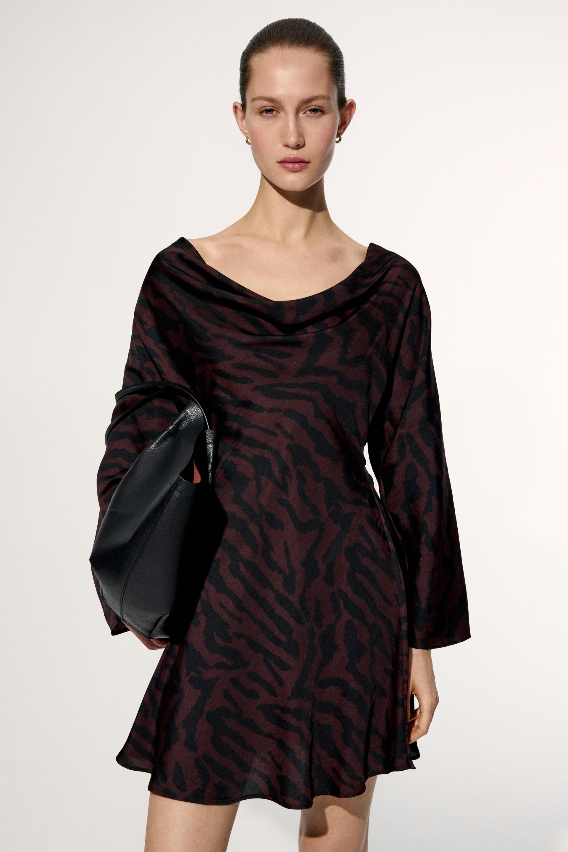 cowl-neck dress with flared skirt