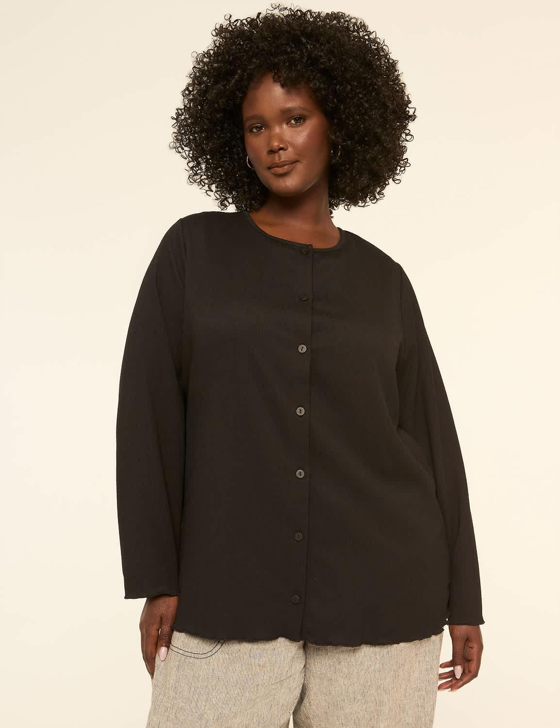 crinkle crew-neck button-front cardigan