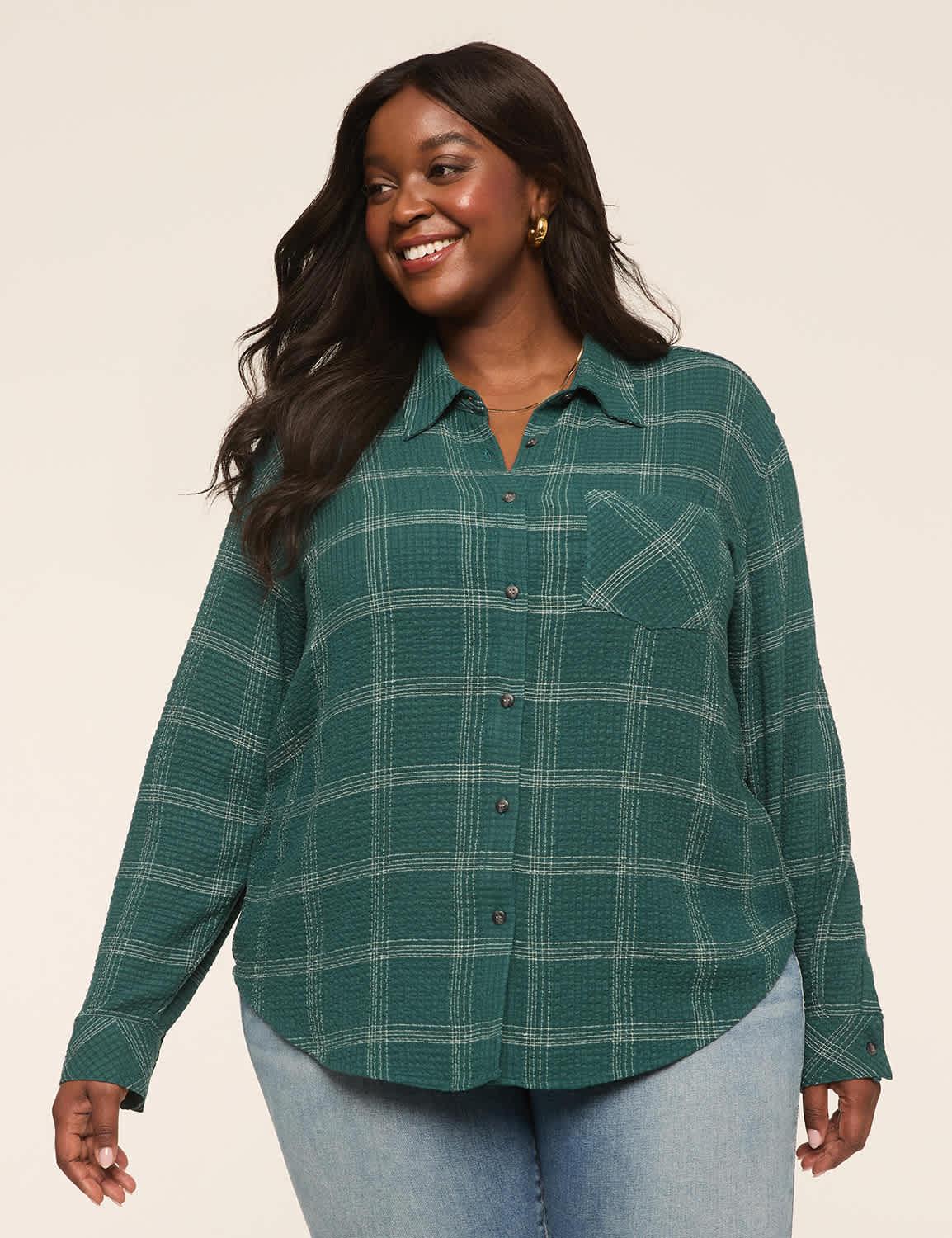 crinkle plaid button-down shirt