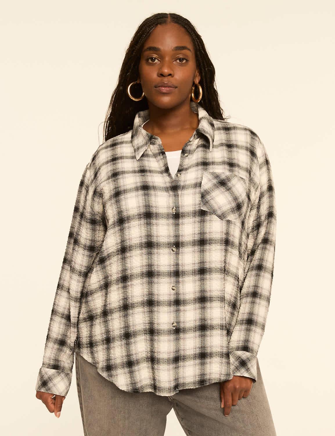 crinkle plaid button-down shirt