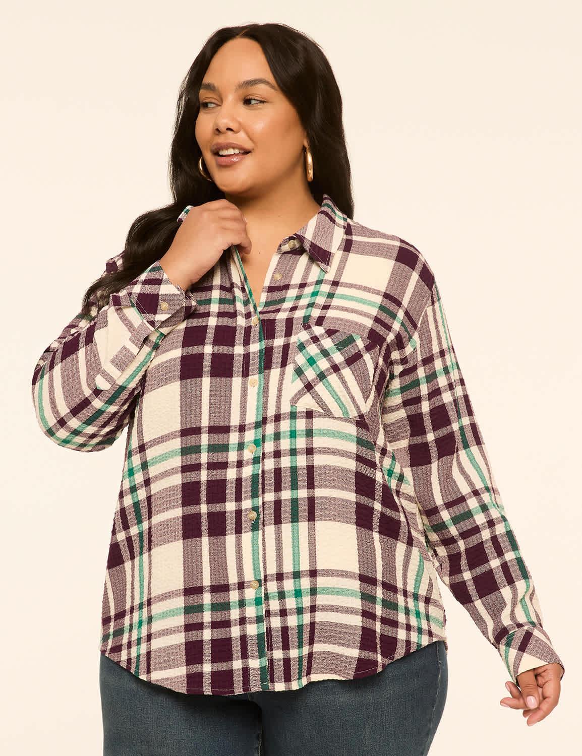 crinkle plaid button-down shirt