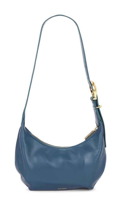 cuyana mini celestia bag in teal.
