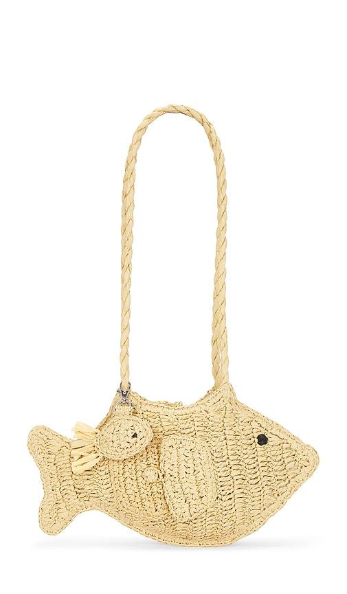 damson madder raffia fish bag with bag charm in neutral.