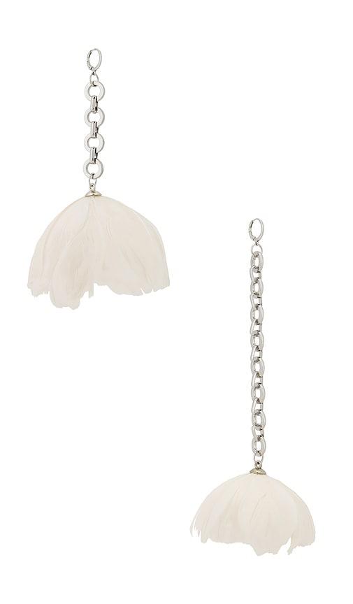 david koma feather flower asymmetric earrings in metallic silver.