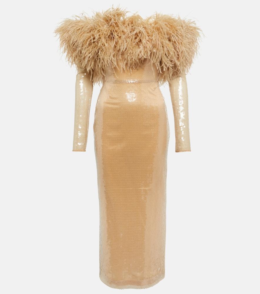 david koma feather-trimmed sequined midi dress